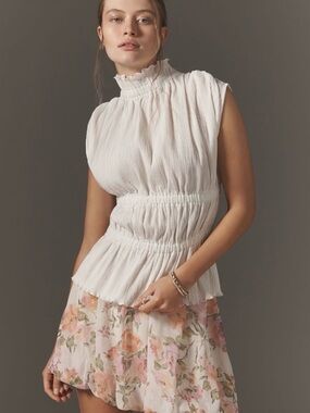 By Anthropologie High-Neck Smocked Blouse White